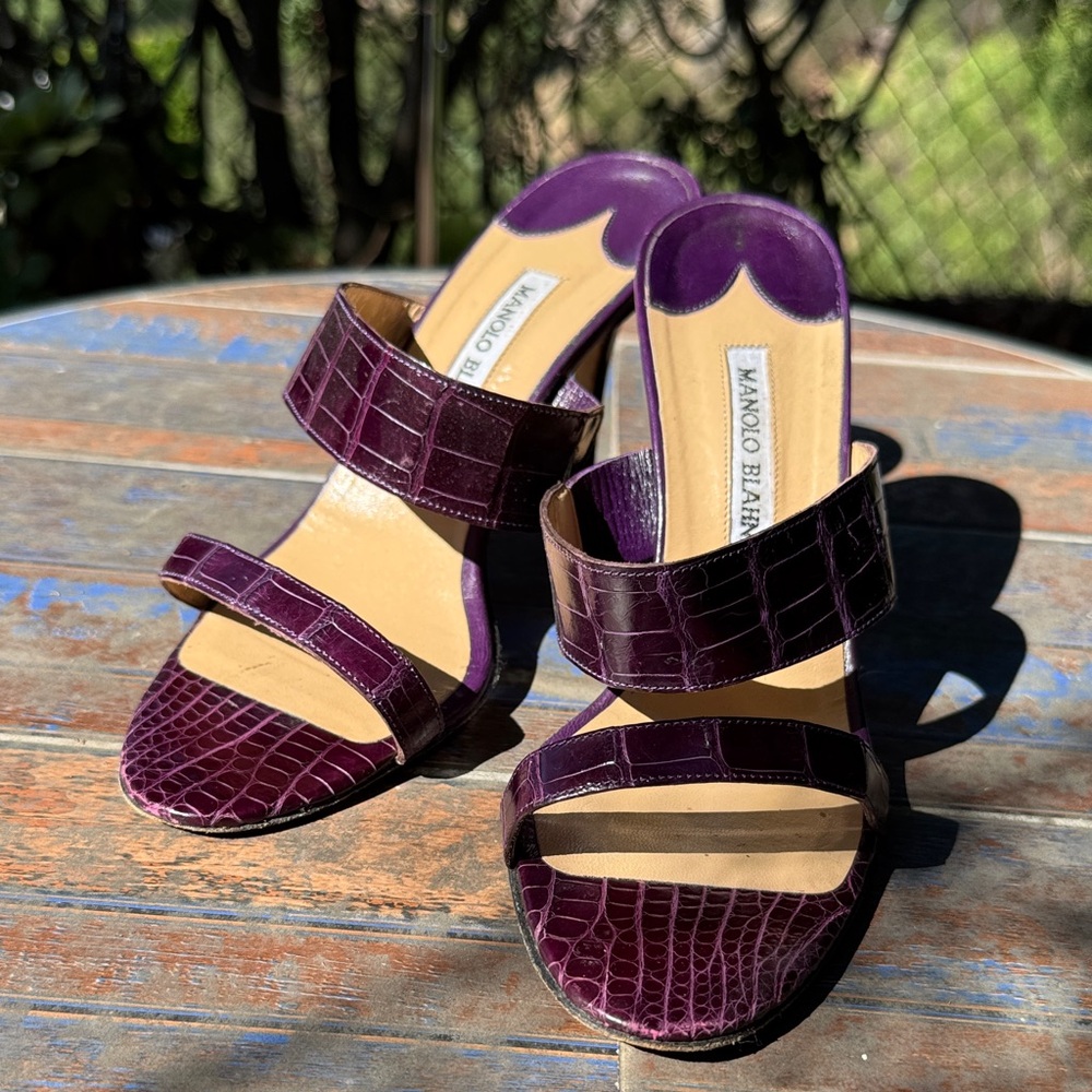 Manolo Blahnik Deep Purple Croc-Embossed Sandals